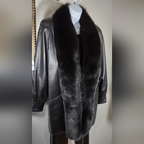 Black Leather Stroller Jacket with Black Fox Trim - Picture 2 of 6
